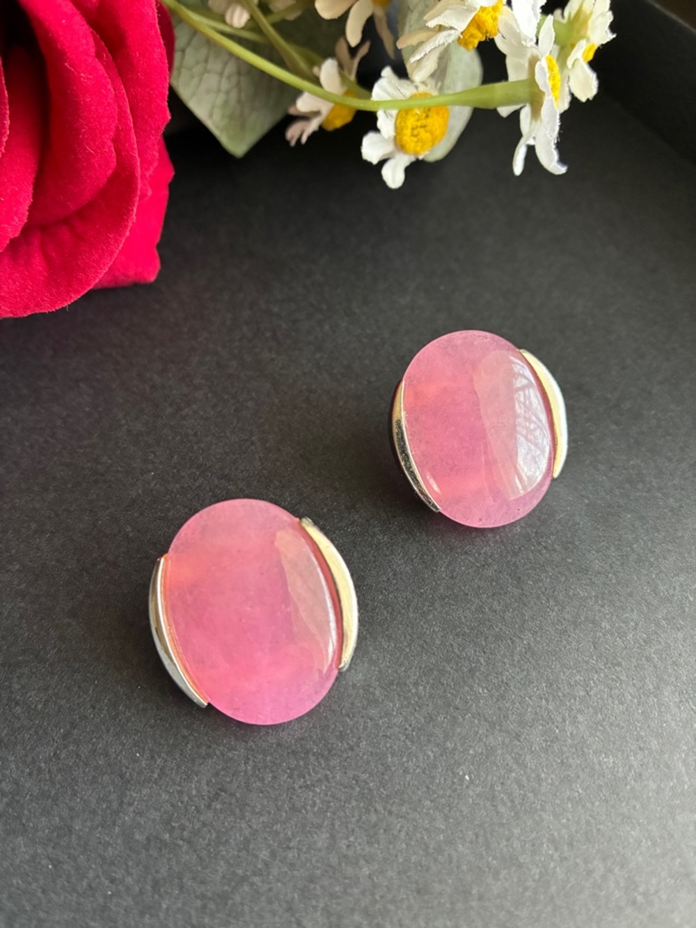 925 Silver Earrings,Pink Oval Earrings with Silver Accents